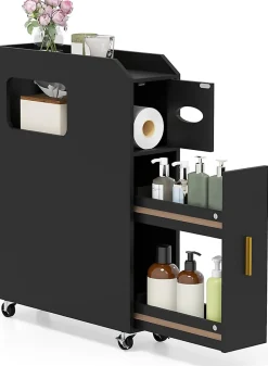 Giantex Meuble Salle de Bain Étroit,avec Support pour Papier Toilette,2 Tiroir, 2 Roue, Poignée Pratique,pour Buanderie, Toilette (Noir)