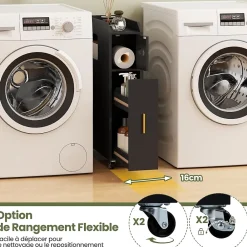 Giantex Meuble Salle de Bain Étroit,avec Support pour Papier Toilette,2 Tiroir, 2 Roue, Poignée Pratique,pour Buanderie, Toilette (Noir)