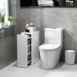 ProximaX Meuble salle de bain étroit blanc à roulettes, meuble WC et d'appoint avec tiroir 3 compartiments et niche, idéal petits espaces