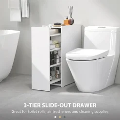 ProximaX Meuble salle de bain étroit blanc à roulettes, meuble WC et d'appoint avec tiroir 3 compartiments et niche, idéal petits espaces