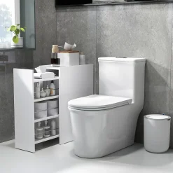 ProximaX Meuble salle de bain étroit blanc à roulettes, meuble WC et d'appoint avec tiroir 3 compartiments et niche, idéal petits espaces