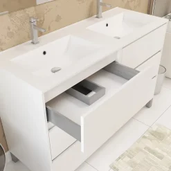 Aurlane Meuble Salle de Bains 120 cm Laqué Blanc 6 Tiroirs, Vasque, Miroirs 60x80 et Réglettes Led - XENOS