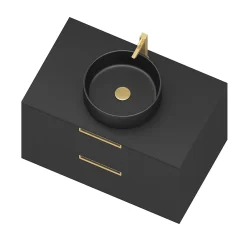 Meuble Vasque|Aurlane Meuble Salle de Bains 80 cm Laqué Noir Mat et Or Doré - 2 Tiroirs - Vasque Ronde à Poser Noire
