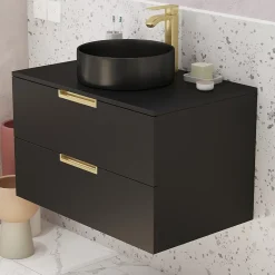 Meuble Vasque|Aurlane Meuble Salle de Bains 80 cm Laqué Noir Mat et Or Doré - 2 Tiroirs - Vasque Ronde à Poser Noire