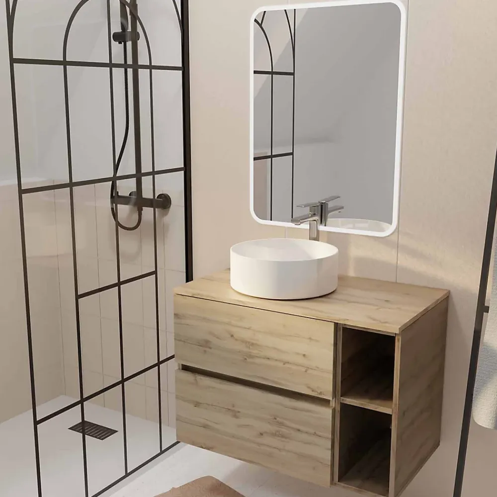 Aurlane Meuble salle de bains 80 TIMBER Décor Chêne Tiroirs + Module - Vasque Blanche - Miroir 60x80 LED