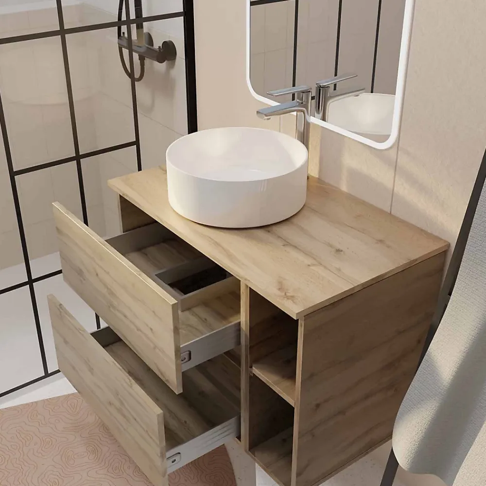 Aurlane Meuble salle de bains 80 TIMBER Décor Chêne Tiroirs + Module - Vasque Blanche - Miroir 60x80 LED