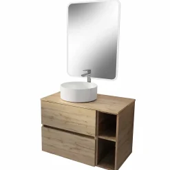 Aurlane Meuble salle de bains 80 TIMBER Décor Chêne Tiroirs + Module - Vasque Blanche - Miroir 60x80 LED