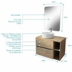 Aurlane Meuble salle de bains 80 TIMBER Décor Chêne Tiroirs + Module - Vasque Blanche - Miroir 60x80 LED