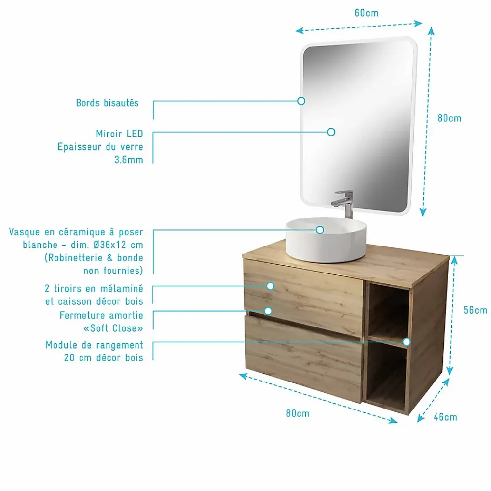 Aurlane Meuble salle de bains 80 TIMBER Décor Chêne Tiroirs + Module - Vasque Blanche - Miroir 60x80 LED