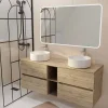 Aurlane Meuble Salle de Bains 140 TIMBER Décor Chêne 4 Tiroirs et Module Vasques Blanches Miroir LED 120x70