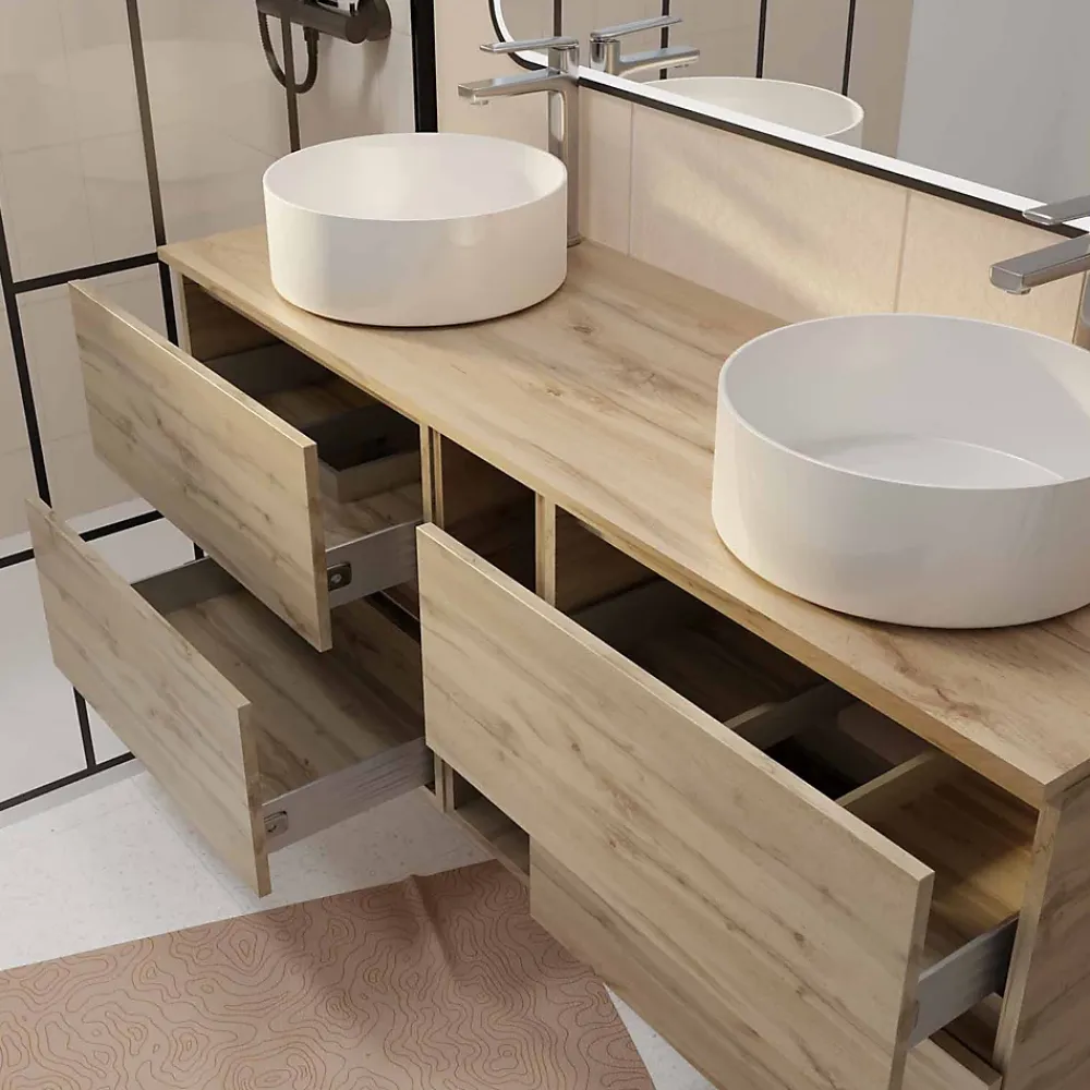 Aurlane Meuble Salle de Bains 140 TIMBER Décor Chêne 4 Tiroirs et Module Vasques Blanches Miroir LED 120x70