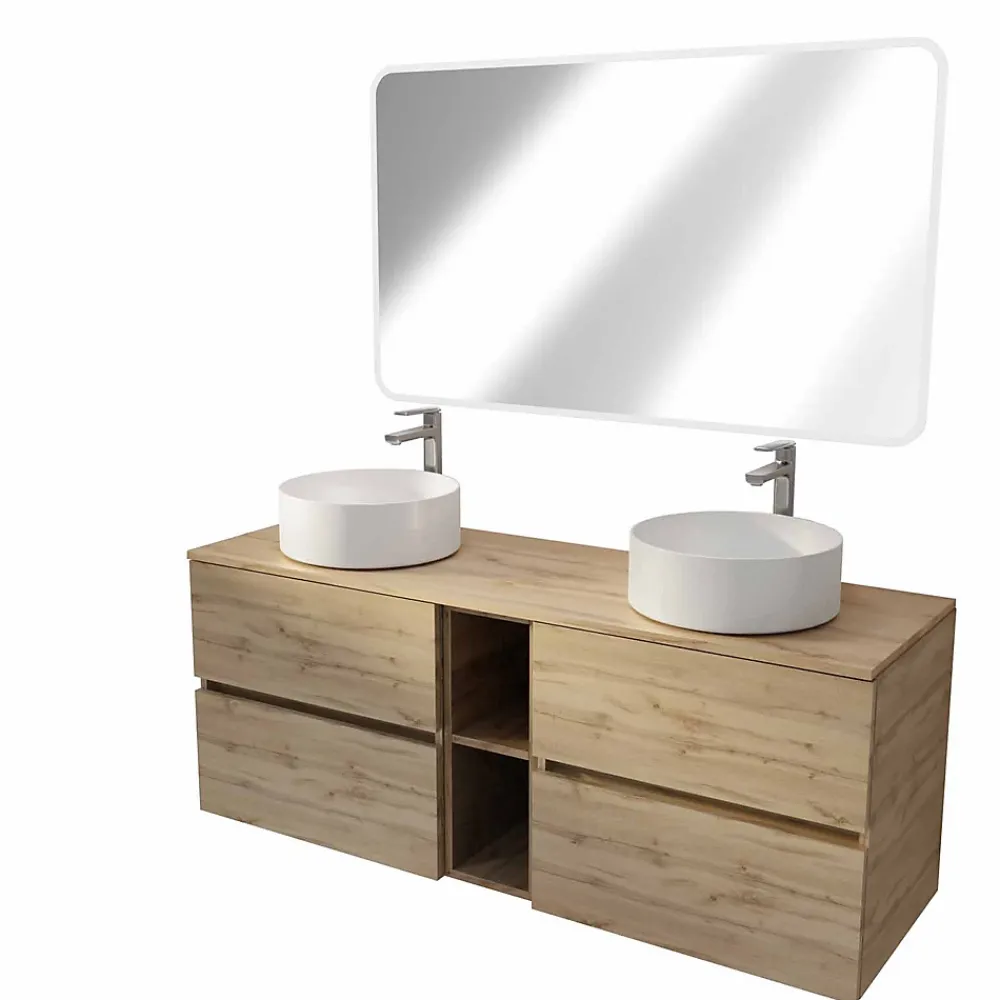 Aurlane Meuble Salle de Bains 140 TIMBER Décor Chêne 4 Tiroirs et Module Vasques Blanches Miroir LED 120x70