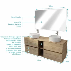 Aurlane Meuble Salle de Bains 140 TIMBER Décor Chêne 4 Tiroirs et Module Vasques Blanches Miroir LED 120x70