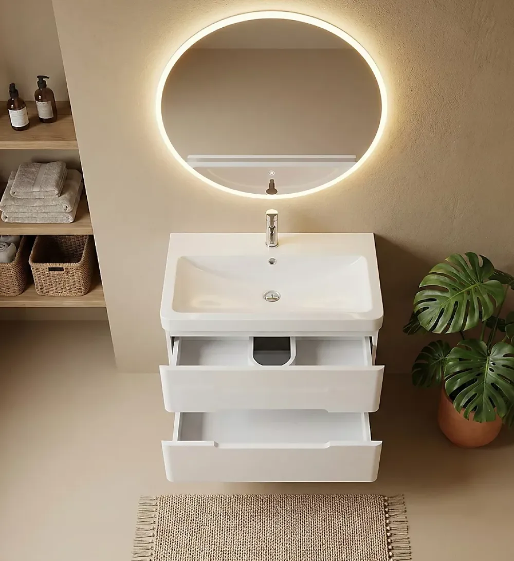Meuble Vasque|Top Bath Meuble Salle de Bains avec vasque/lavabo FIDJI 80 suspendu laqué Blanc brillant avec plan en résine