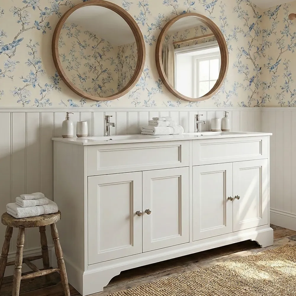 Top Bath Meuble Salle de Bains avec vasque/lavabo DOLIANA 120 à poser laqué Blanc mat 4 portes avec plan céramique