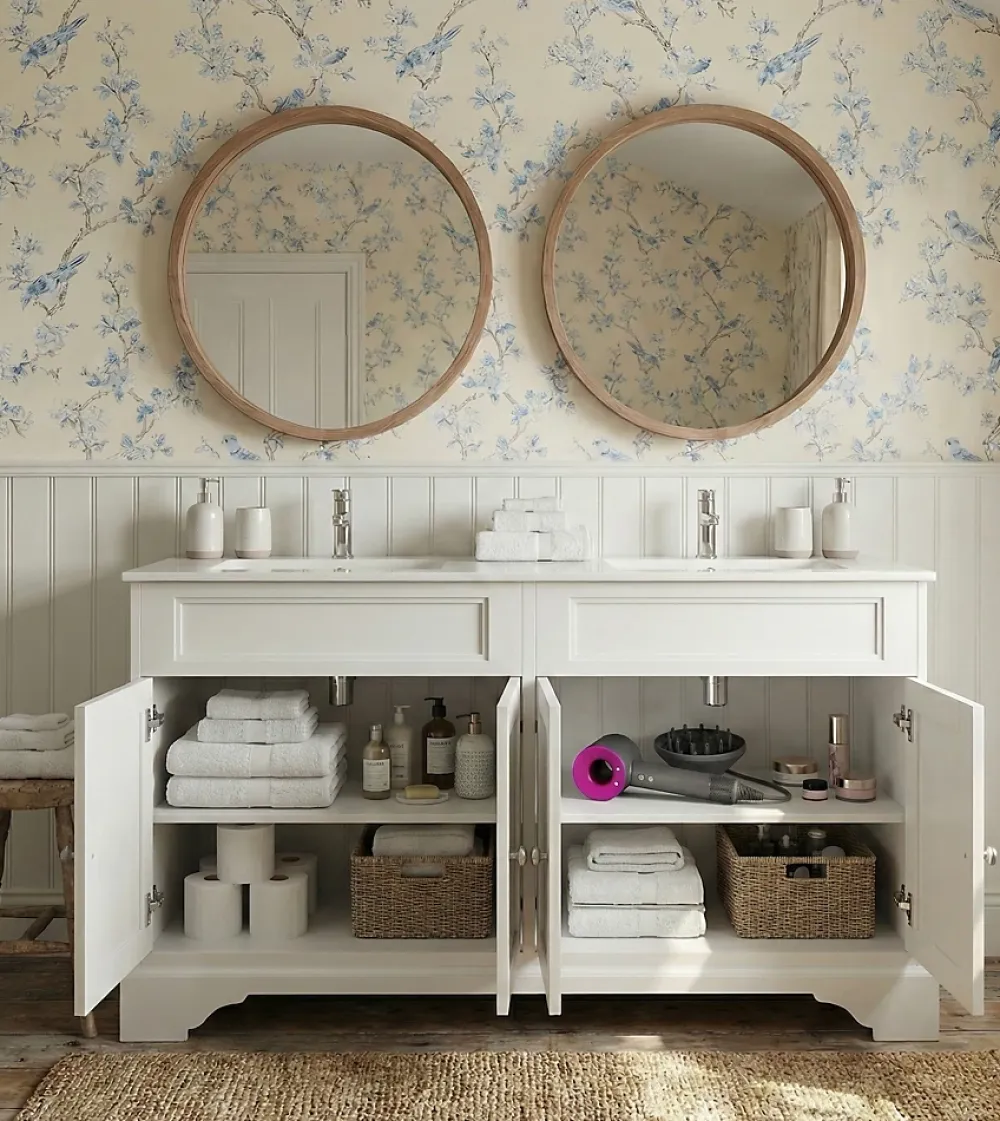 Top Bath Meuble Salle de Bains avec vasque/lavabo DOLIANA 120 à poser laqué Blanc mat 4 portes avec plan céramique