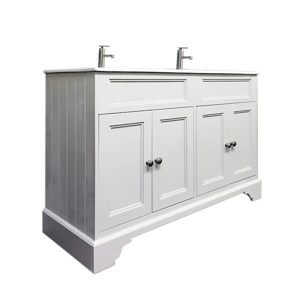 Top Bath Meuble Salle de Bains avec vasque/lavabo DOLIANA 120 à poser laqué Blanc mat 4 portes avec plan céramique