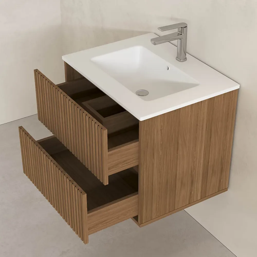 Meuble Vasque|Aurlane Meuble Salle de Bains 60cm 2 Tiroirs Décor Chêne et Noir Cranté - Vasque Blanche Mate - YUKI