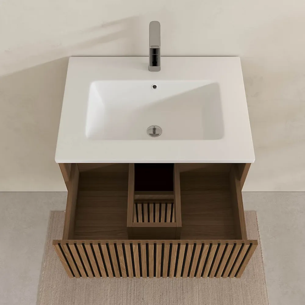 Meuble Vasque|Aurlane Meuble Salle de Bains 60cm 2 Tiroirs Décor Chêne et Noir Cranté - Vasque Blanche Mate - YUKI