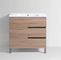 Top Bath Meuble Salle de Bains JUPITER 80 3 tiroir avec miroir simple et plan céramique, finition effet chene naturel