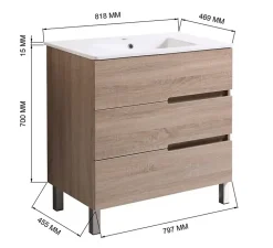 Top Bath Meuble Salle de Bains JUPITER 80 3 tiroir avec miroir simple et plan céramique, finition effet chene naturel