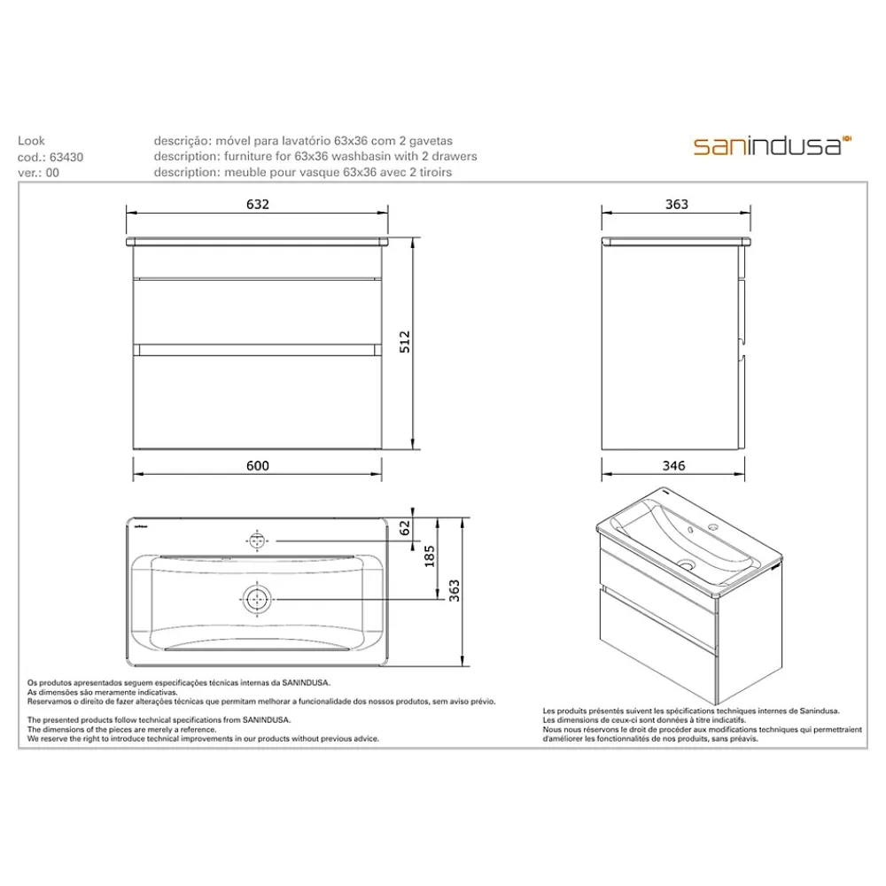 Sanindusa Meuble salle de bains suspendu 60x36 Look slow close blanc (vasque Look en option non inclus)