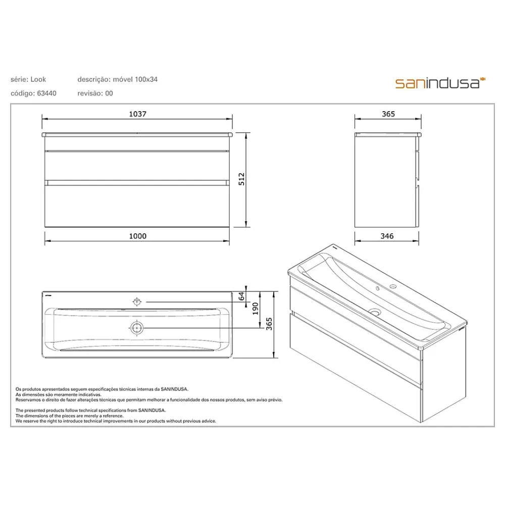 Sanindusa Meuble salle de bains suspendu 100x36 Look slow close blanc (vasque Look en option non inclus)