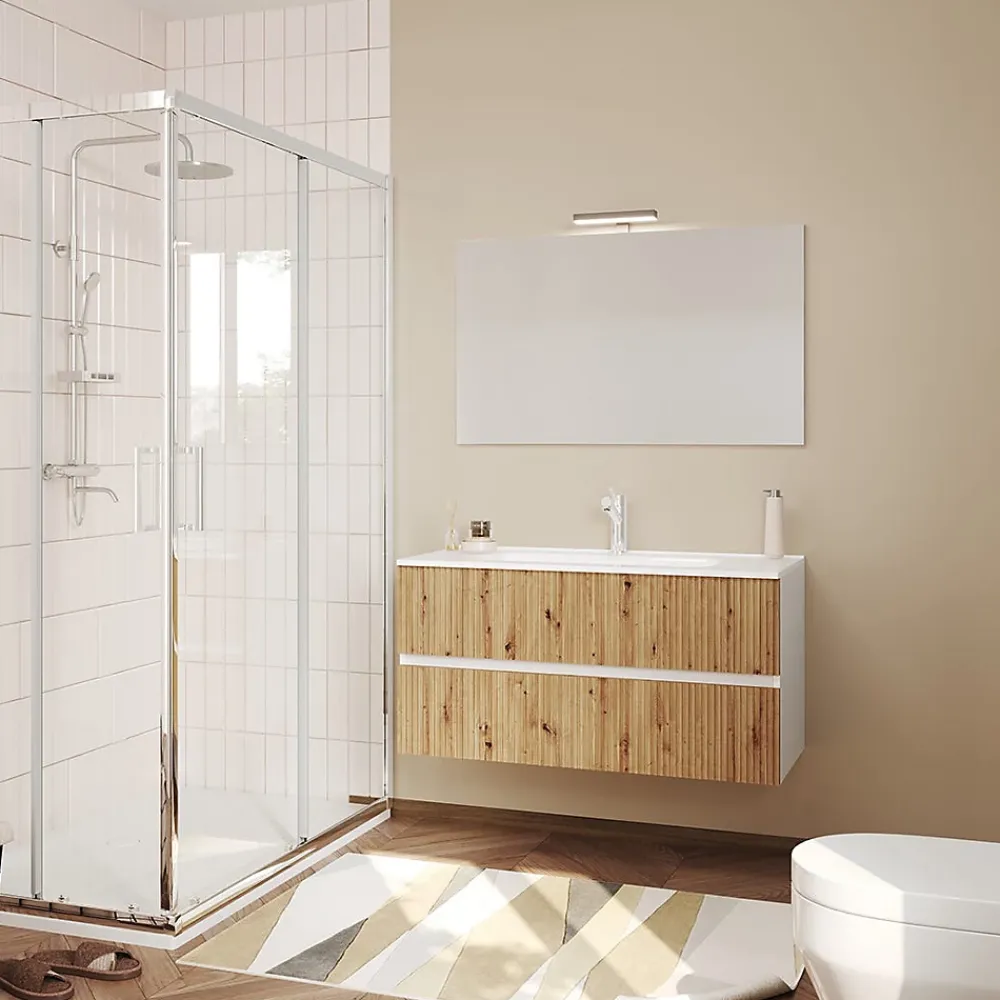 Kiamami Valentina Meuble Salle De Bains Suspendu 100Cm Blanc Avec Tiroirs Chêne Doré Canné - Salina