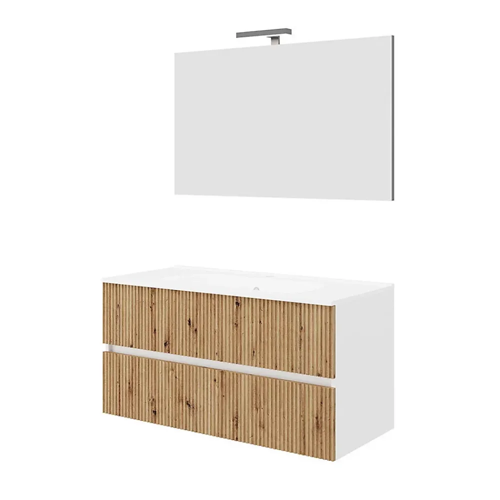 Kiamami Valentina Meuble Salle De Bains Suspendu 100Cm Blanc Avec Tiroirs Chêne Doré Canné - Salina