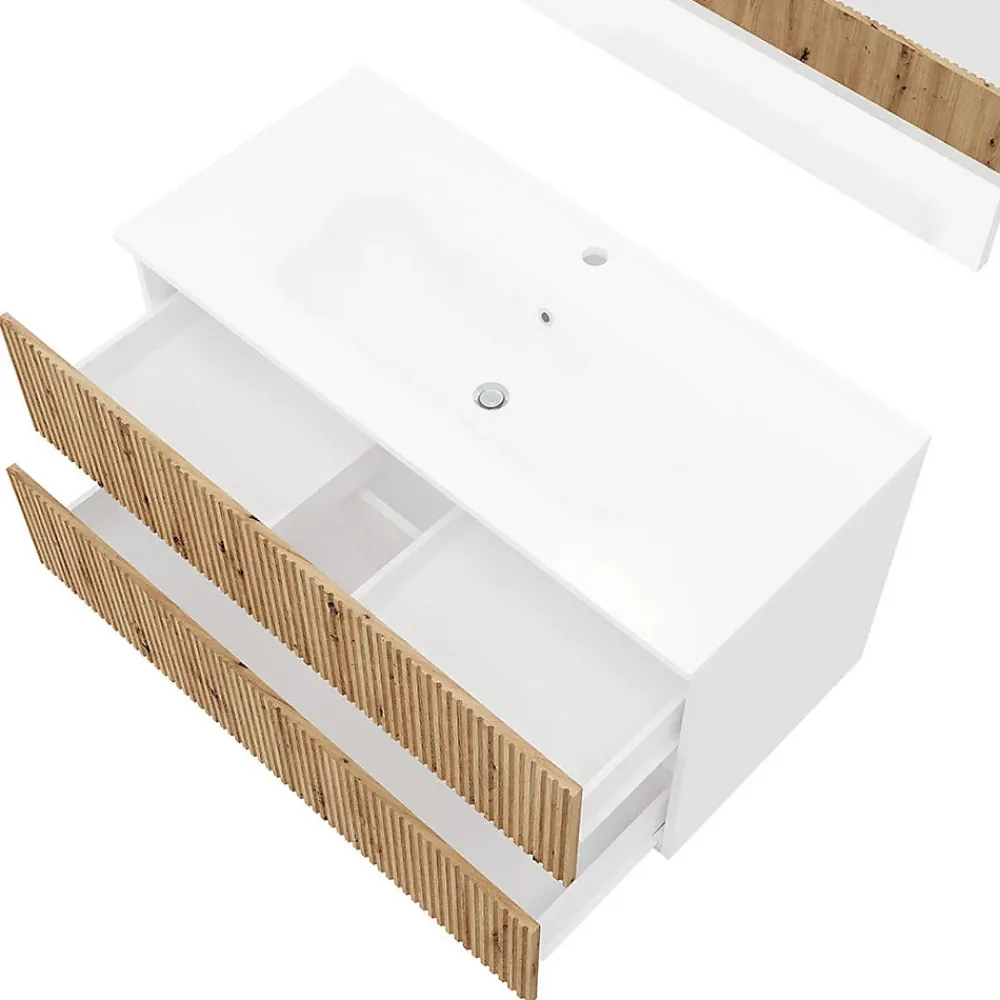 Kiamami Valentina Meuble Salle De Bains Suspendu 100Cm Blanc Avec Tiroirs Chêne Doré Canné - Salina