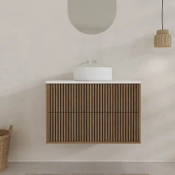 Meuble Vasque|Aurlane Meuble Salle de Bains YUKI 80 2 Tiroirs Décor Chêne et Noir Cranté - Plan et Vasque Blanche Mate