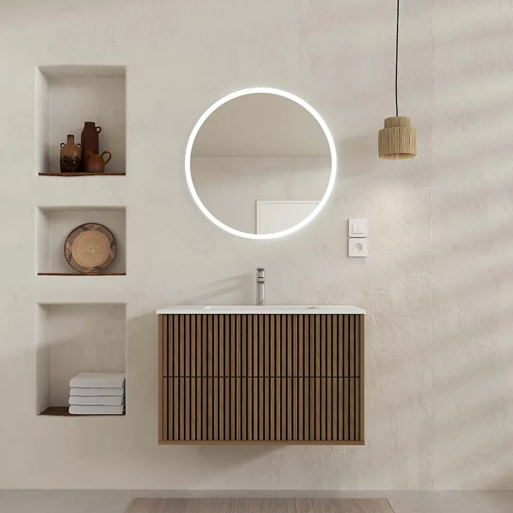 Aurlane Meuble Salle de Bains YUKI 60 - 2 Tiroirs Décor Chêne et Noir - Vasque Blanche - Miroir LED 60