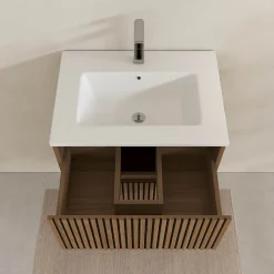 Aurlane Meuble Salle de Bains YUKI 60 - 2 Tiroirs Décor Chêne et Noir - Vasque Blanche - Miroir LED 60