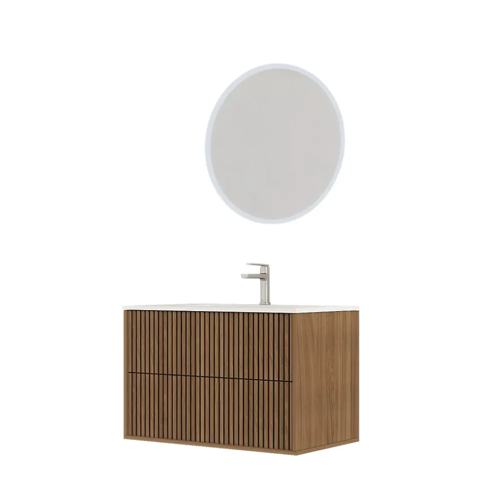 Aurlane Meuble Salle de Bains YUKI 60 - 2 Tiroirs Décor Chêne et Noir - Vasque Blanche - Miroir LED 60