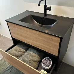 Essebagno Meuble simple vasque effet chêne et noir mat Indus