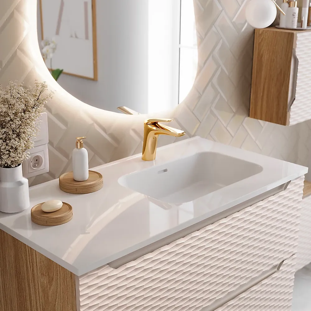 Petits-Meubles Meuble simple vasque encastree droite 120cm 2 tiroirs Elora Beige et bois