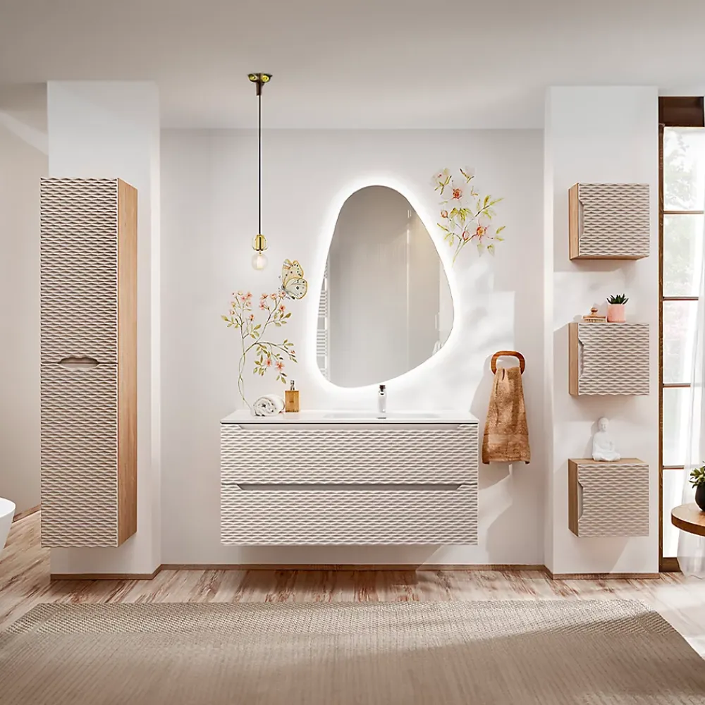 Petits-Meubles Meuble simple vasque encastree droite 120cm 2 tiroirs Elora Beige et bois
