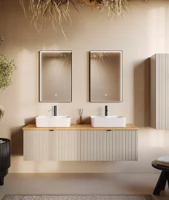 Meuble Sous Lavabo|Furnidea Meuble sous double vasque suspendu HARMO 120 cm Façade rainuré cachemire semi-mat