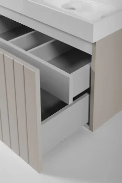Meuble Sous Lavabo|Furnidea Meuble sous double vasque suspendu HARMO 120 cm Façade rainuré cachemire semi-mat
