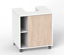 Pegane Meuble sous lavabo 1 porte coloris Blanc brillant / effet bois - Hauteur 64 x Longueur 59 x Profondeur 45 cm
