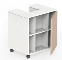 Pegane Meuble sous lavabo 1 porte coloris Blanc brillant / effet bois - Hauteur 64 x Longueur 59 x Profondeur 45 cm