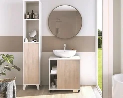 Pegane Meuble sous lavabo 1 porte coloris Blanc brillant / effet bois - Hauteur 64 x Longueur 59 x Profondeur 45 cm