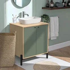 Meuble Vasque|Box & Beyond Meuble sous lavabo 2 portes bois naturel et vert 69 x 50 x 78 cm