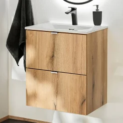 Meuble Sous Lavabo|[En.Casa] Meuble sous lavabo avec vasque 50 x 57 x 39 cm chêne NEWPORT