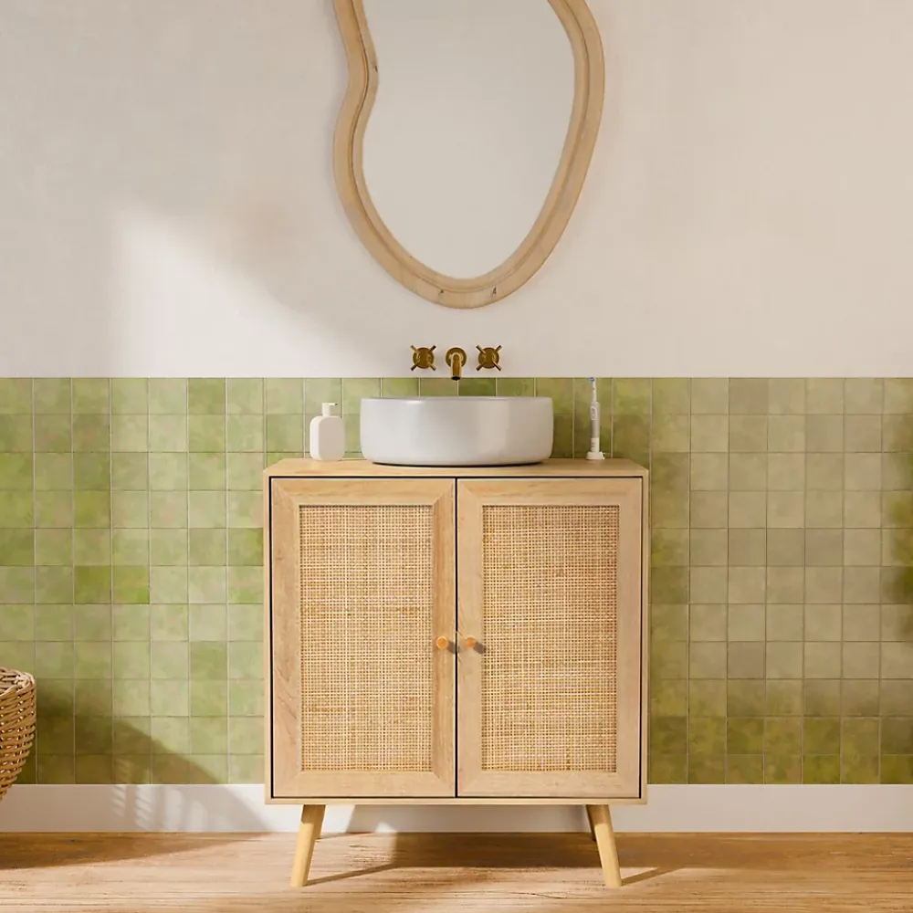 Sweeek Meuble sous lavabo décor bois et cannage Bohème 65 x 40 x 70 cm naturel