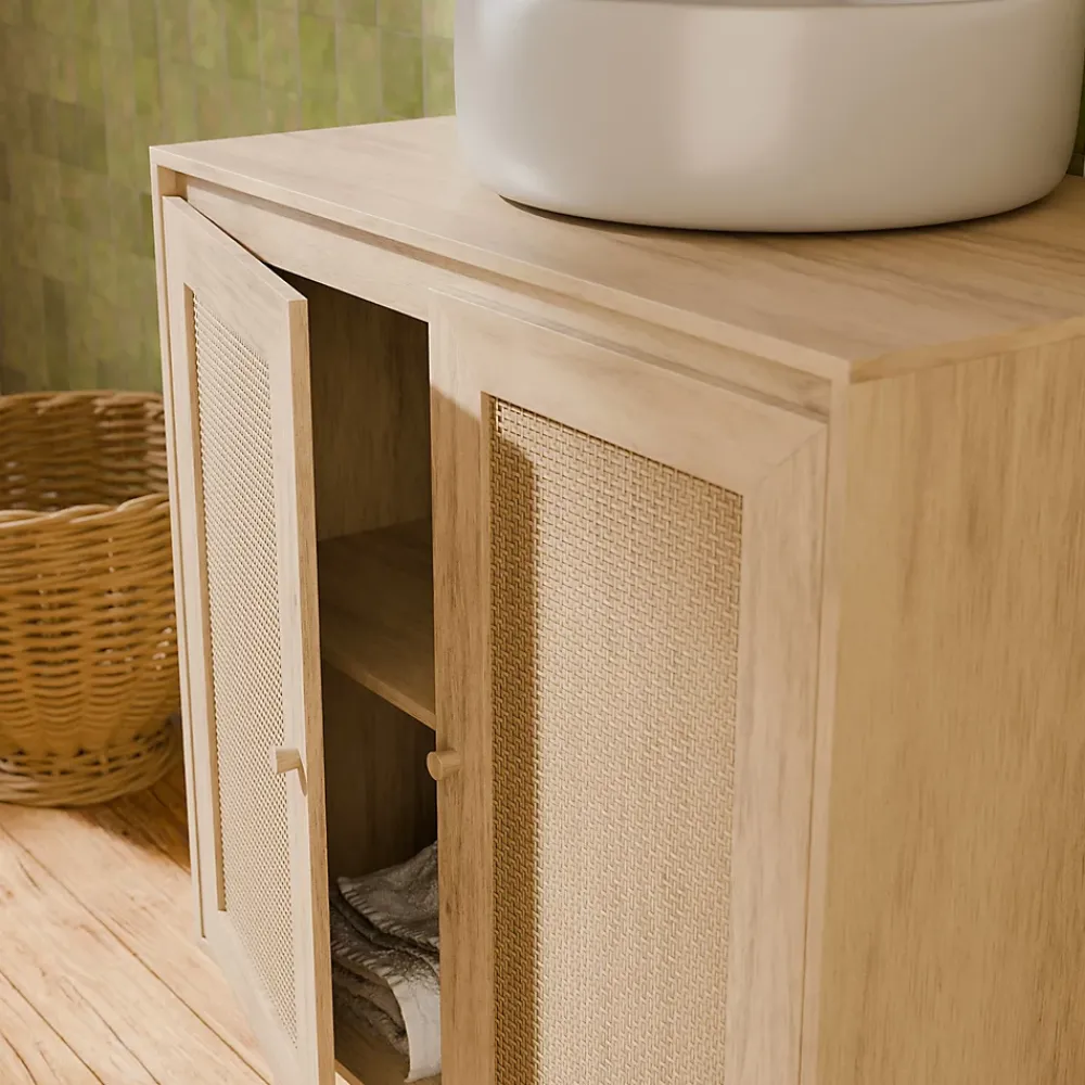 Sweeek Meuble sous lavabo décor bois et cannage Bohème 65 x 40 x 70 cm naturel