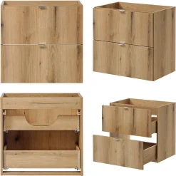 [En.Casa] Meuble sous lavabo double avec 1 porte et 4 tiroirs NEWPORT 140 x 60 x 40 cm effet chêne en.casa