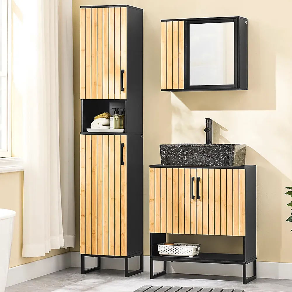 Sobuy Meuble sous Lavabo Salle de Bain 60 cm en Bambou et Métal pour Espace Réduit, BZR202-SCH
