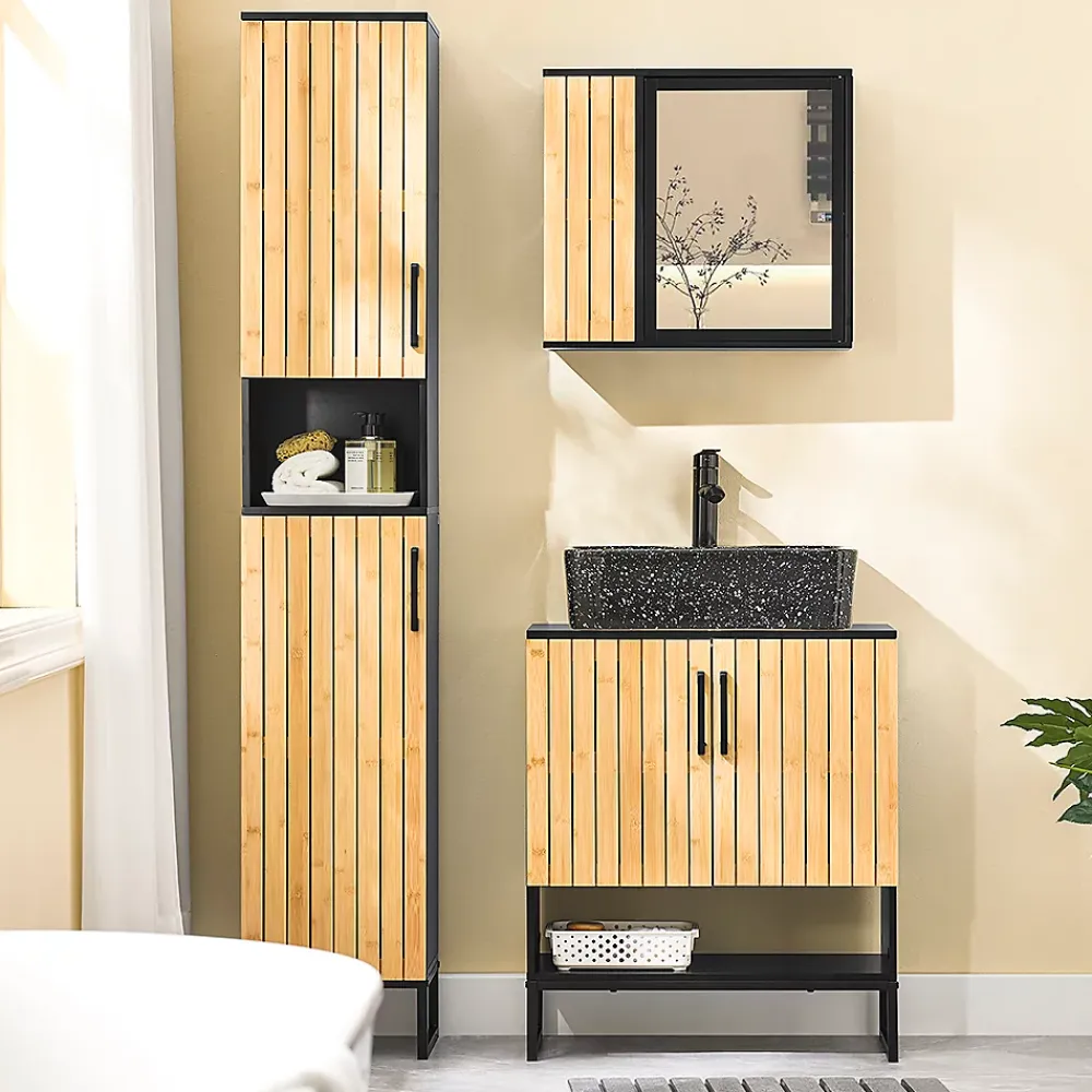 Sobuy Meuble sous Lavabo Salle de Bain 60 cm en Bambou et Métal pour Espace Réduit, BZR202-SCH
