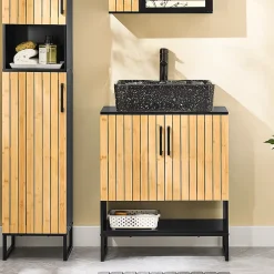 Sobuy Meuble sous Lavabo Salle de Bain 60 cm en Bambou et Métal pour Espace Réduit, BZR202-SCH